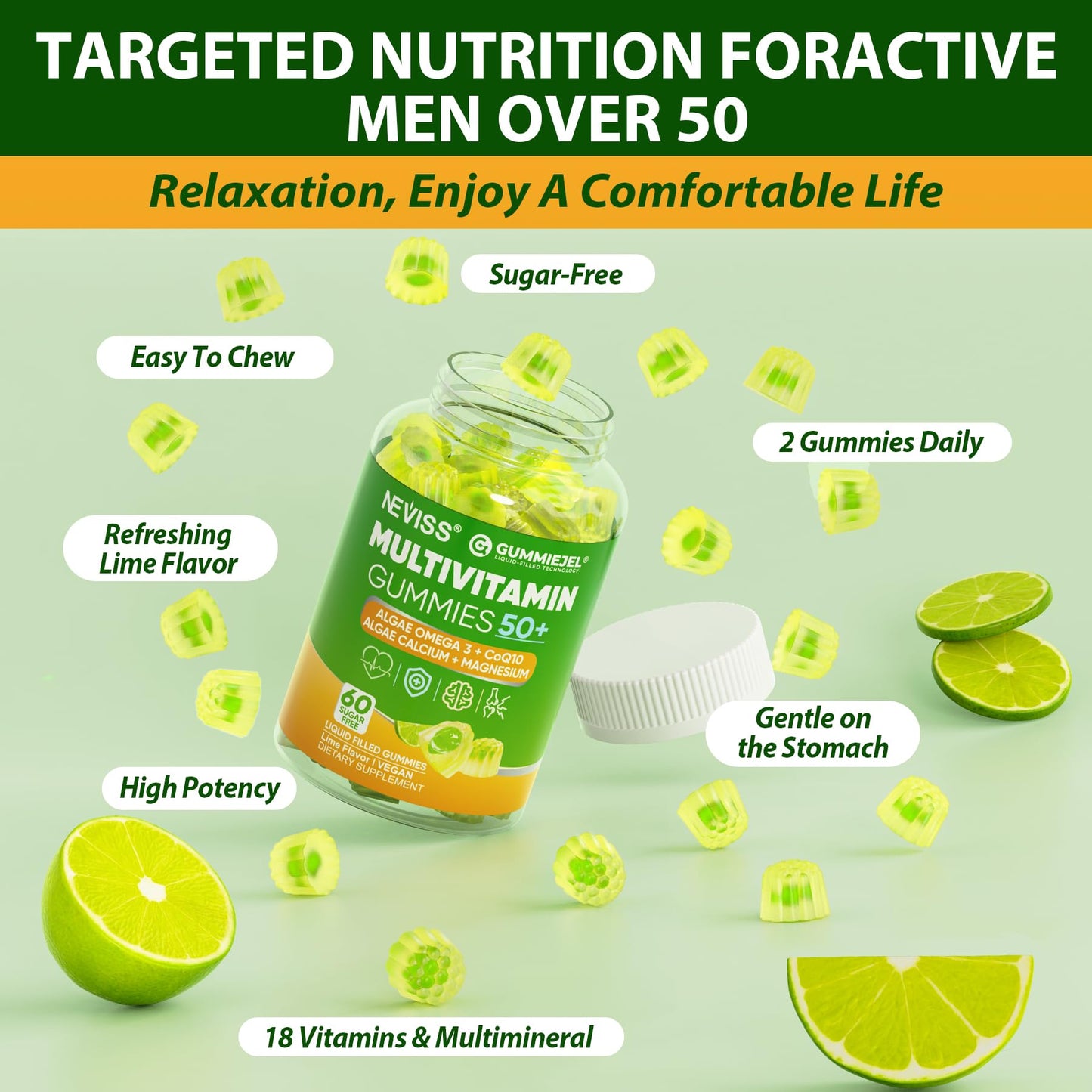 Men 50+ Sugar Free Multivitamin Gummies with Omega-3 CoQ10 D3K2 - 60 ct