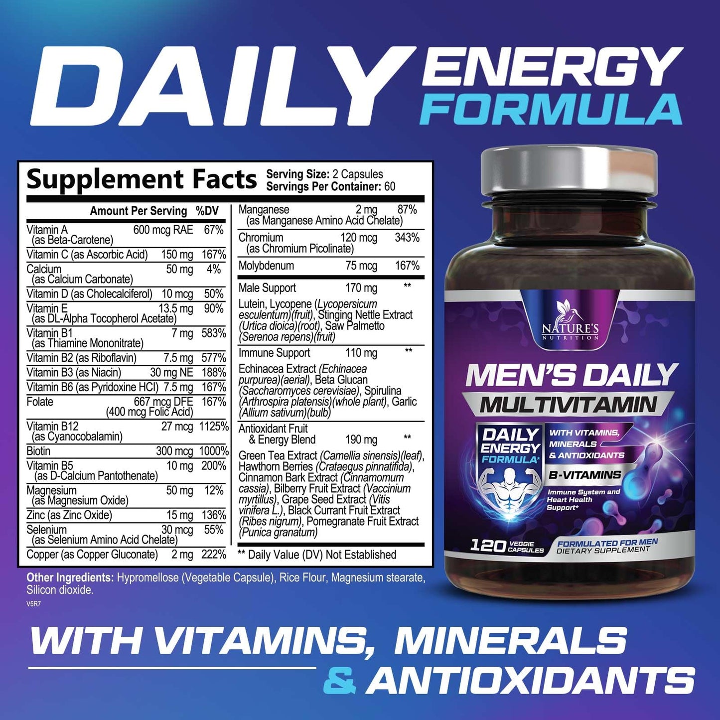 Multivitamin for Men – Immune Health Support | 120 Capsules | Non-GMO