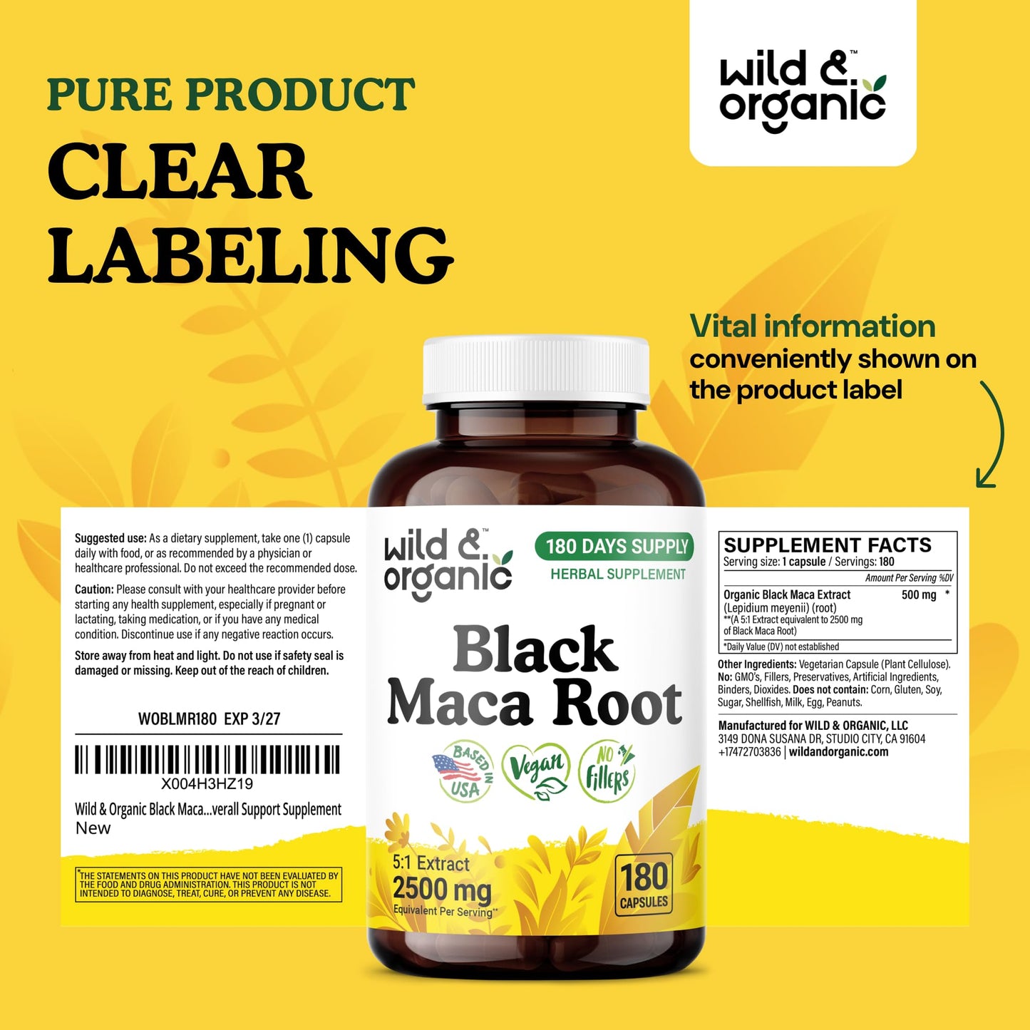 Wild & Organic Black Maca Root Capsules – 500 mg, 180 Count – Vegan, Non-GMO