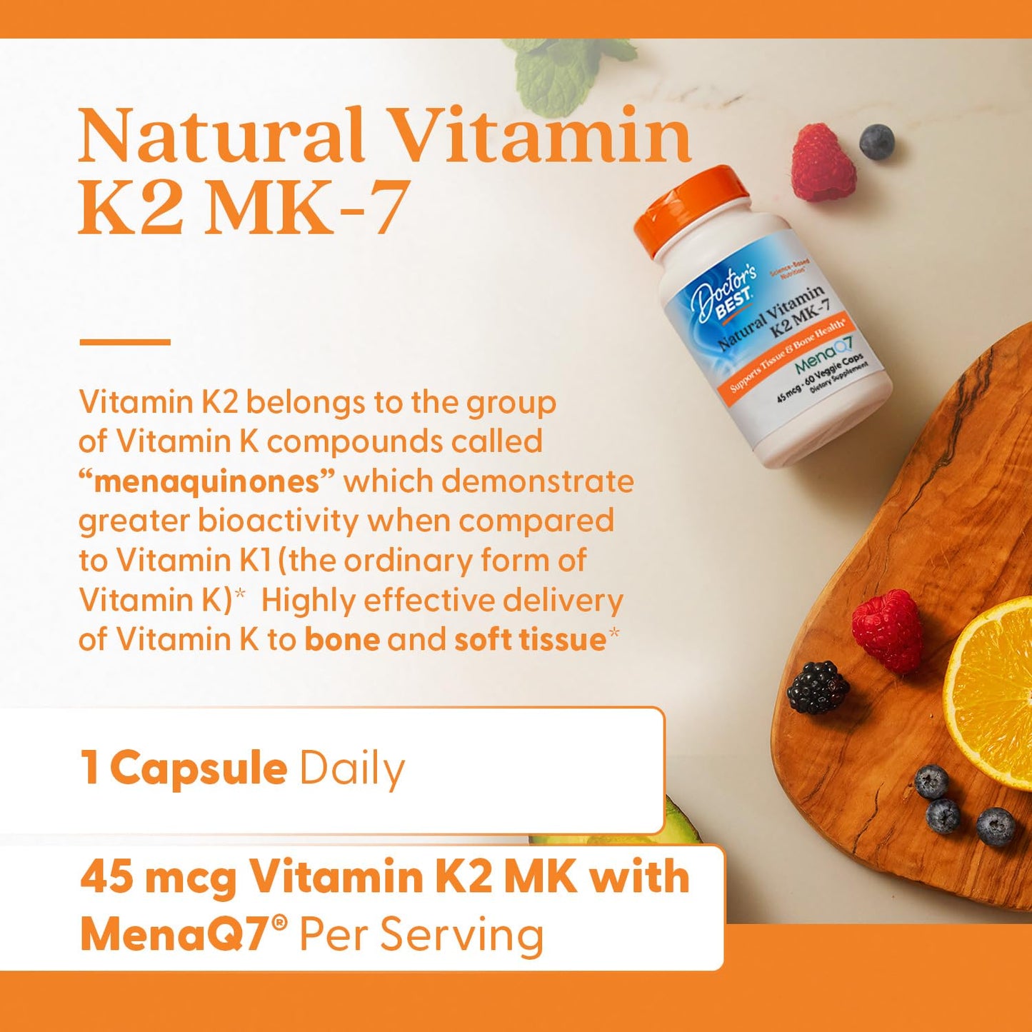 Doctors Best Vitamin K2 MK-7 (MenaQ7) – 60 Veggie Caps – Bone & Tissue Support