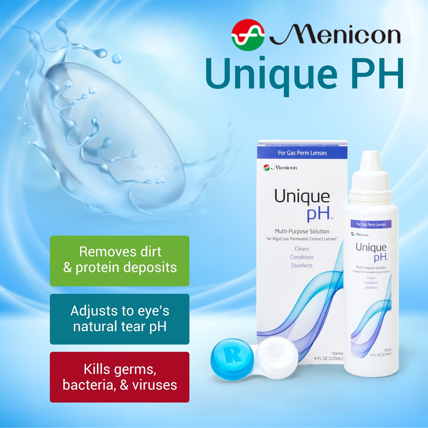 Menicon Unique pH Multi-Purpose Contact Lens Solution with Lens Case – 4 fl oz