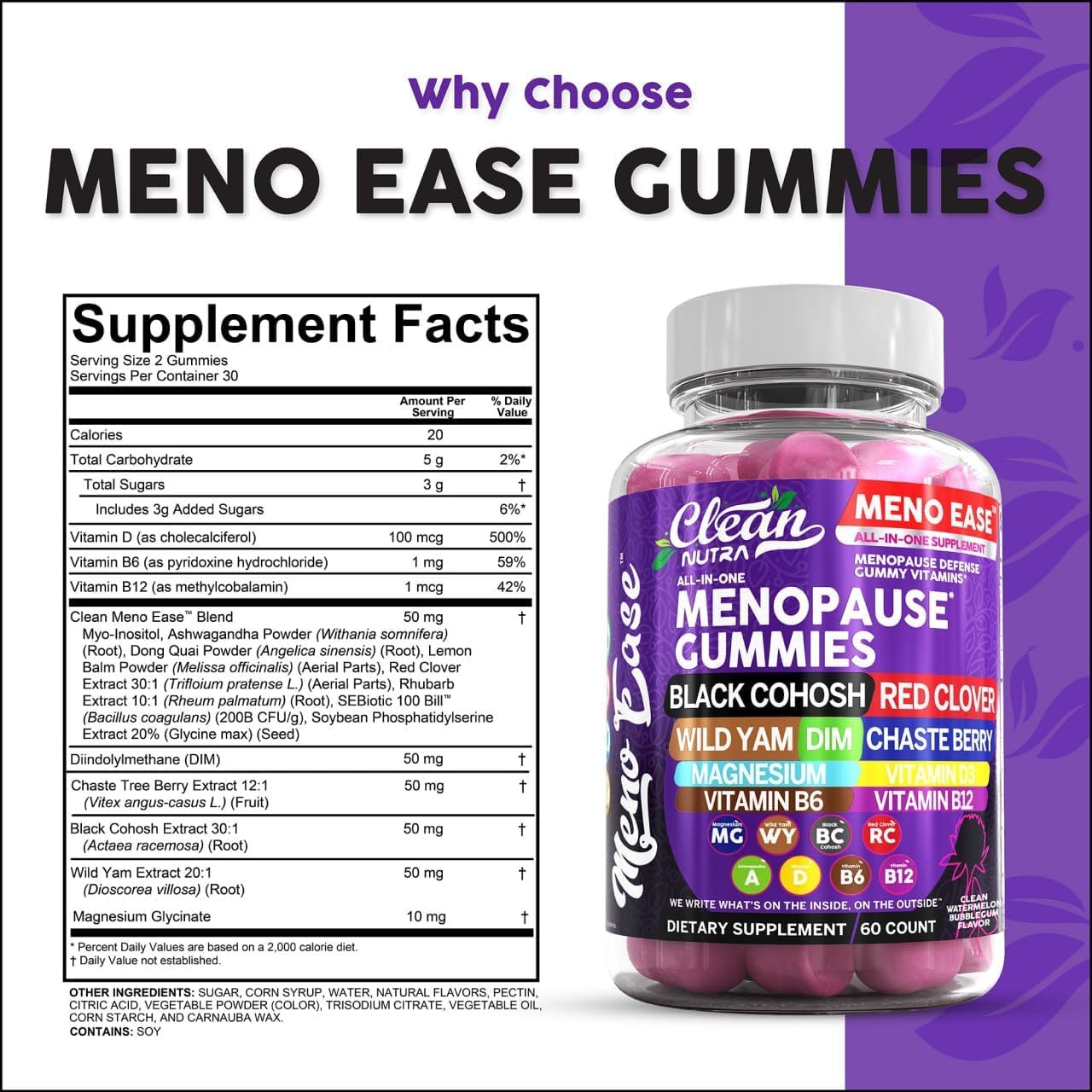 Menopause Supplement for Women Gummies with Black Cohosh, Wild Yam, DIM, Magnesium, Red Clover Chasteberry for Hormone Balance Relief Night Sweats Mood Plus Bergamot, Vitamin D3, Vitamin B6 B12