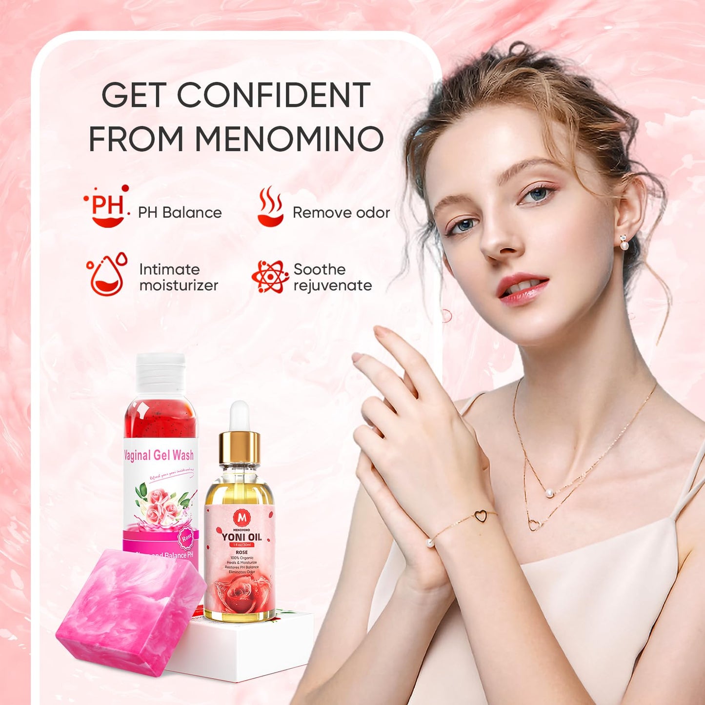 MENOMINO Feminine Wash & Yoni Bar + Yoni Oil PH Balance – Rose Scent, 3.53 oz Bar, 5.07 oz Wash, 1 oz Oil