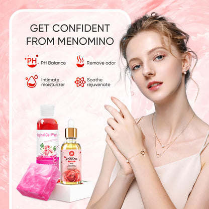 MENOMINO Feminine Wash & Yoni Bar + Yoni Oil PH Balance – Rose Scent, 3.53 oz Bar, 5.07 oz Wash, 1 oz Oil
