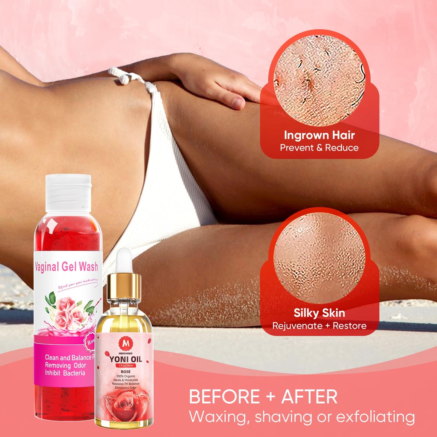 MENOMINO Feminine Wash & Yoni Bar + Yoni Oil PH Balance – Rose Scent, 3.53 oz Bar, 5.07 oz Wash, 1 oz Oil