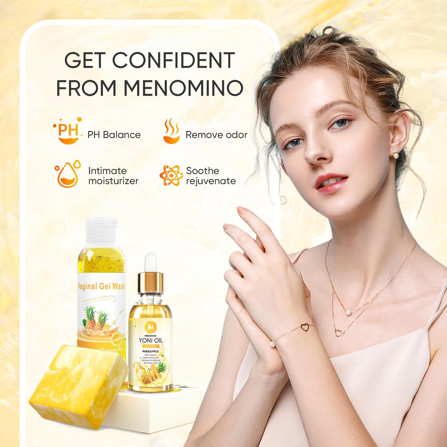 MENOMINO Pineapple Yoni Wash Set – pH-Balanced Feminine Wash, Yoni Bar & Yoni Oil