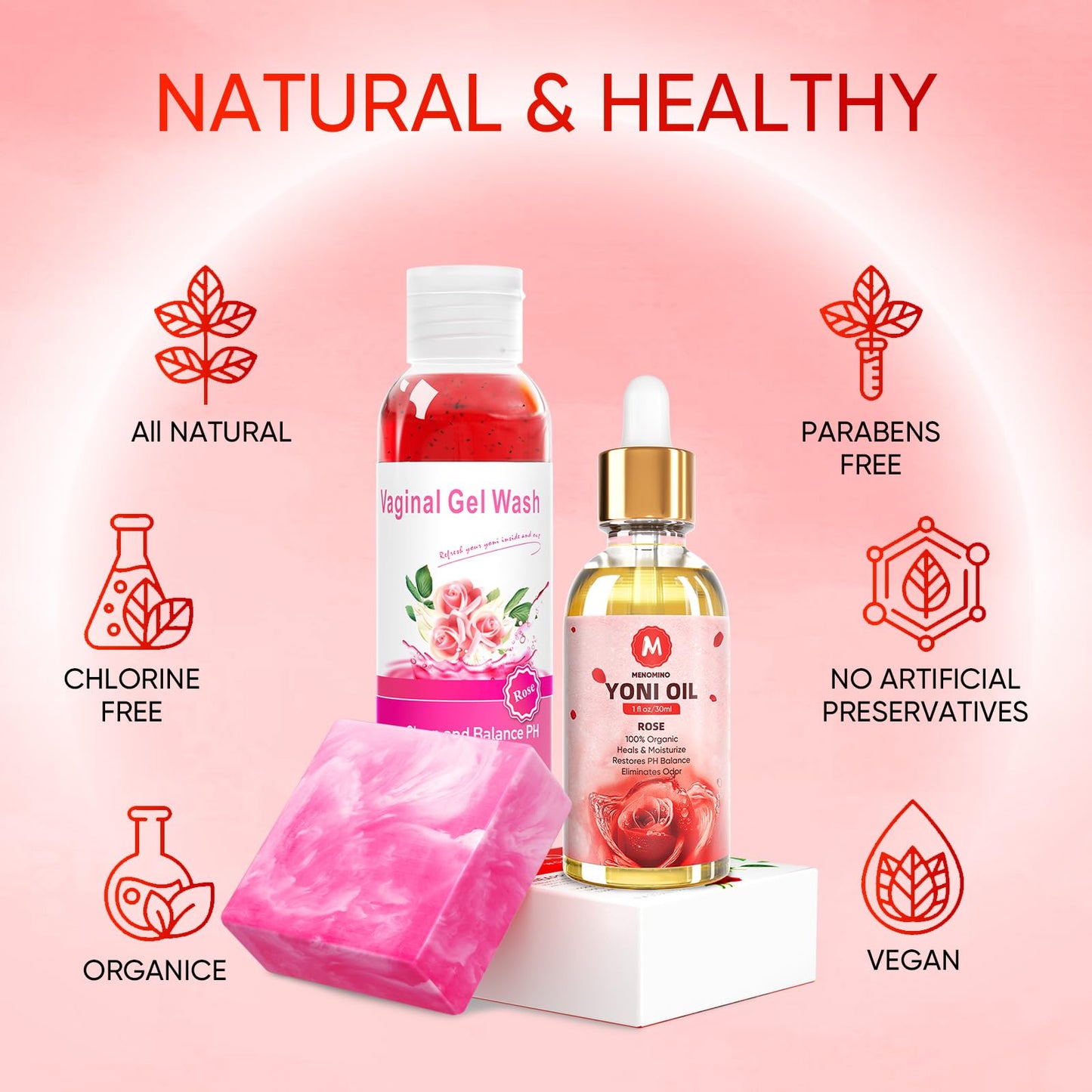 MENOMINO Feminine Wash & Yoni Bar + Yoni Oil PH Balance – Rose Scent, 3.53 oz Bar, 5.07 oz Wash, 1 oz Oil