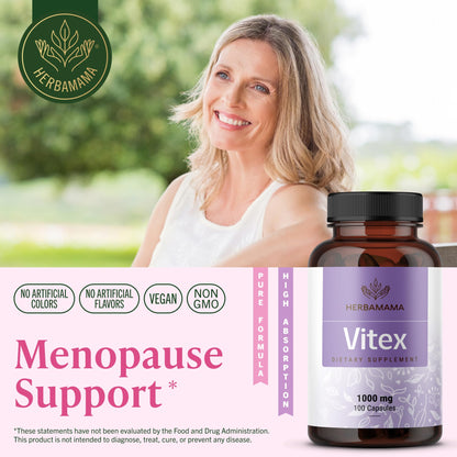 HERBAMAMA Vitex Berry Capsules – 1000mg Vitex Chasteberry for Menopause Support* – Vegan, Non-GMO – 50-Day Supply