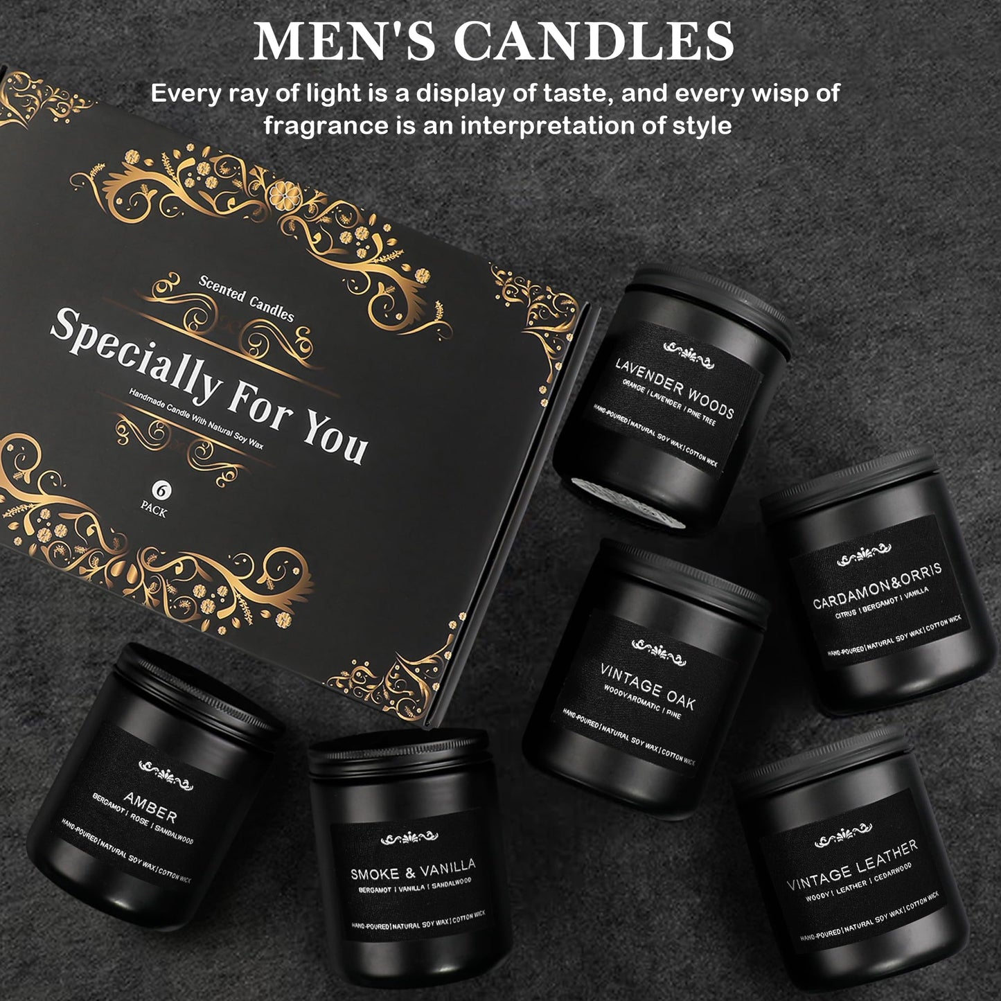 Scented Candles for Men — 6-Pack, 42oz, 300 Hours Burn Time
