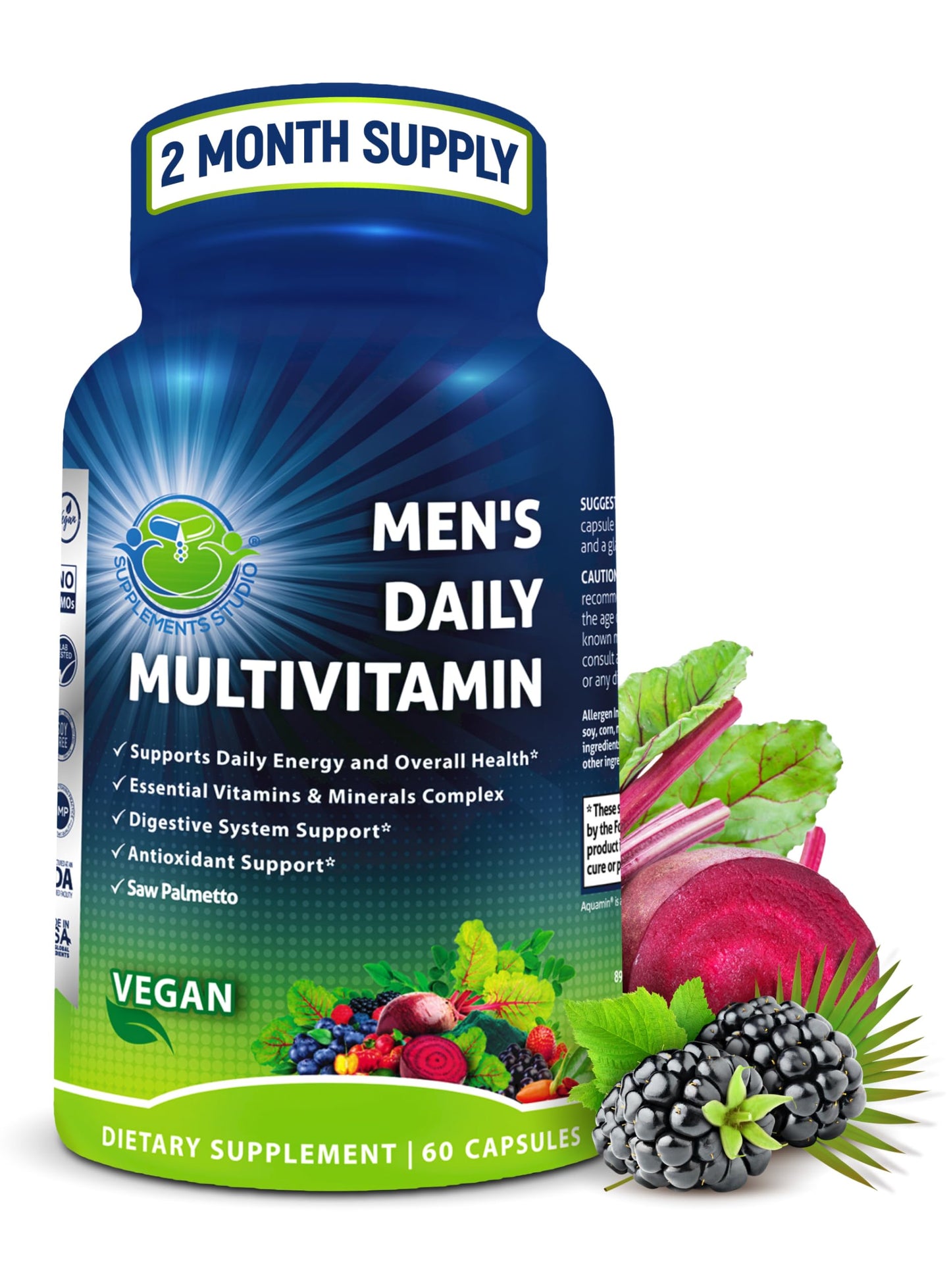 Men's Daily Multivitamin – Vegan Methylated Formula with Saw Palmetto, Biotin & Probiotics