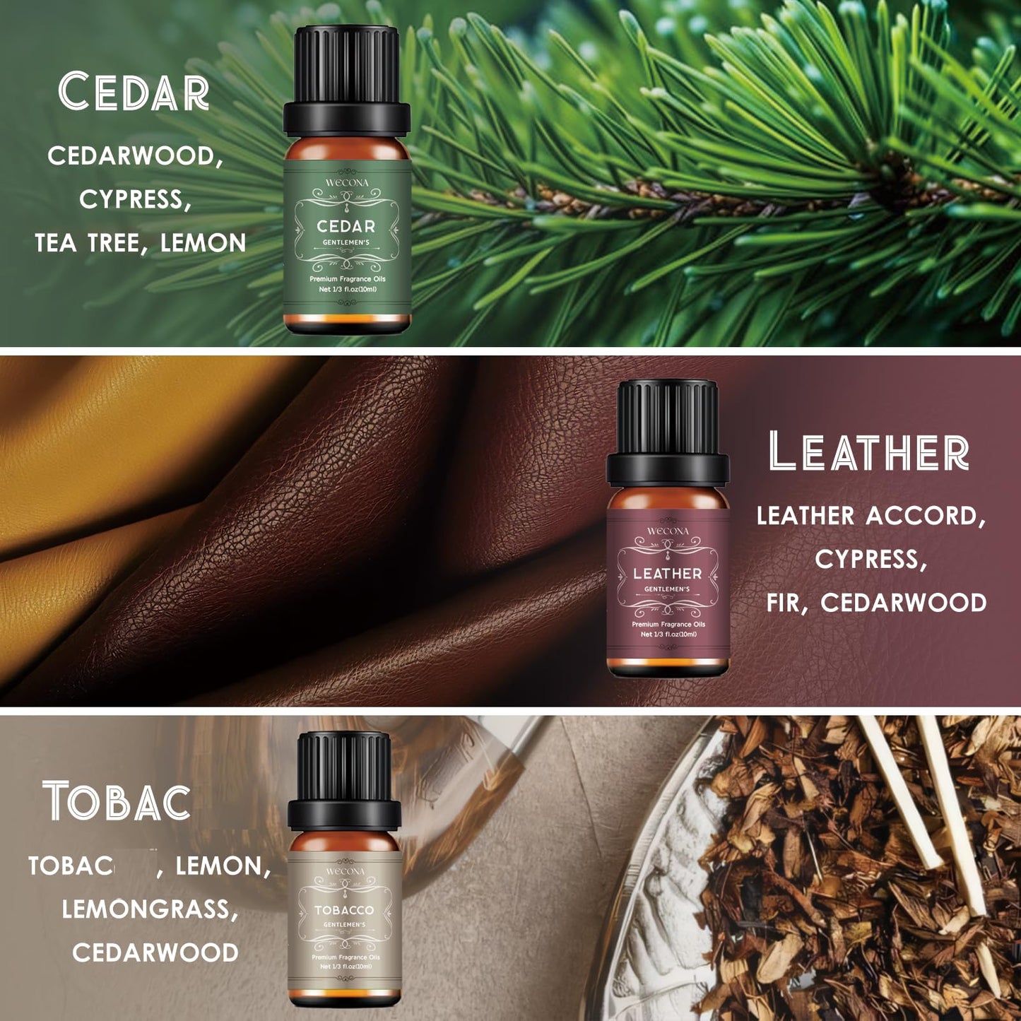 Men's Essential Oils for Diffusers & Candle Making - 6x10ml Leather, Sandalwood, Coffee, Cedarwood, Cinnamon & Amber