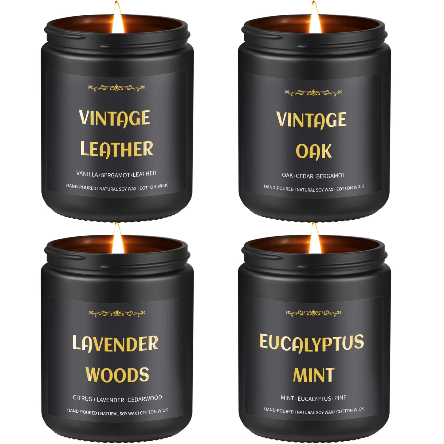 Men's Scented Candles - 4 Pack Soy Candles (28oz, 200h) Leather, Oak, Lavender & Eucalyptus