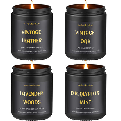 Men's Scented Candles - 4 Pack Soy Candles (28oz, 200h) Leather, Oak, Lavender & Eucalyptus