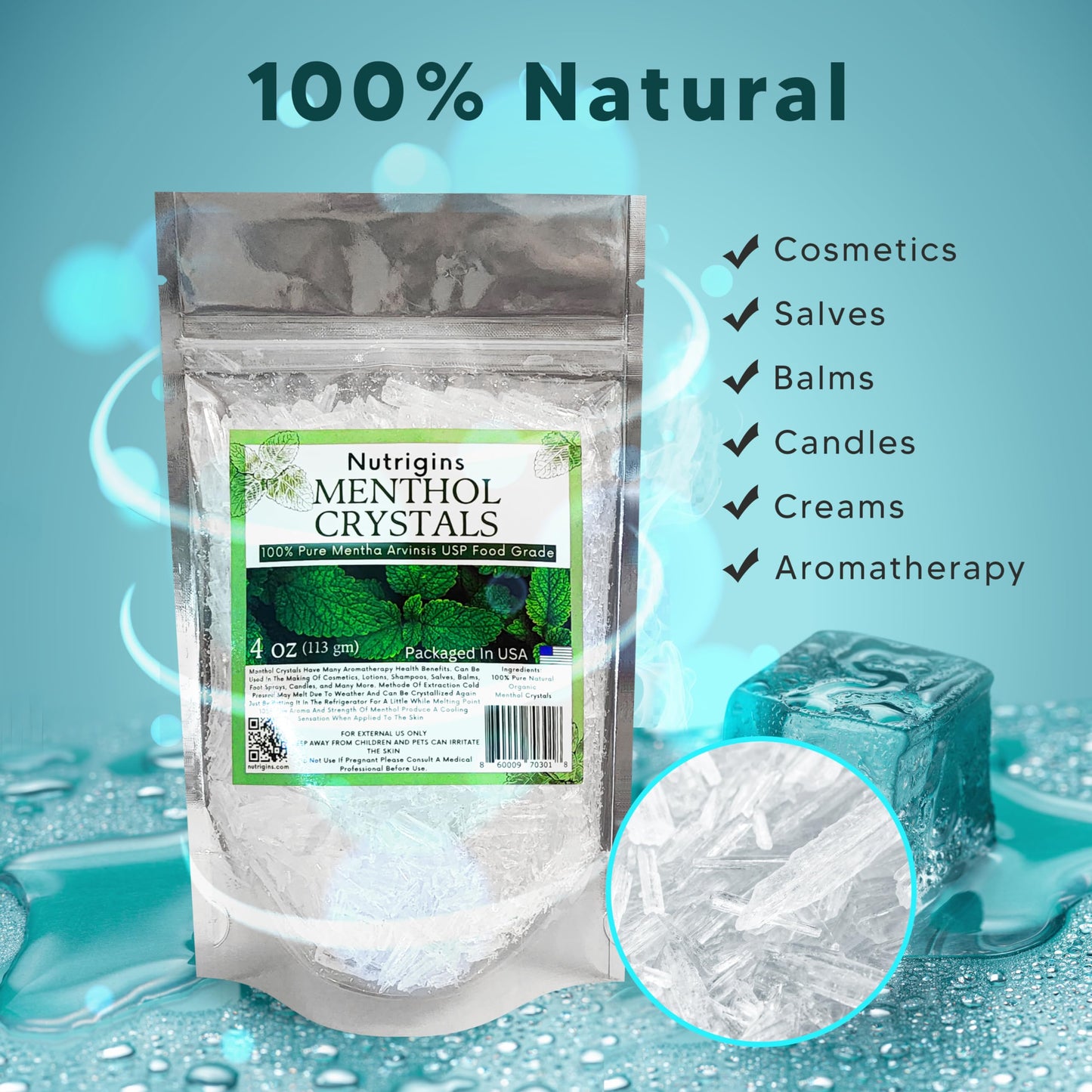 Menthol Crystals 100% Pure Organic Spa Quality - 4OZ Resealable Bag