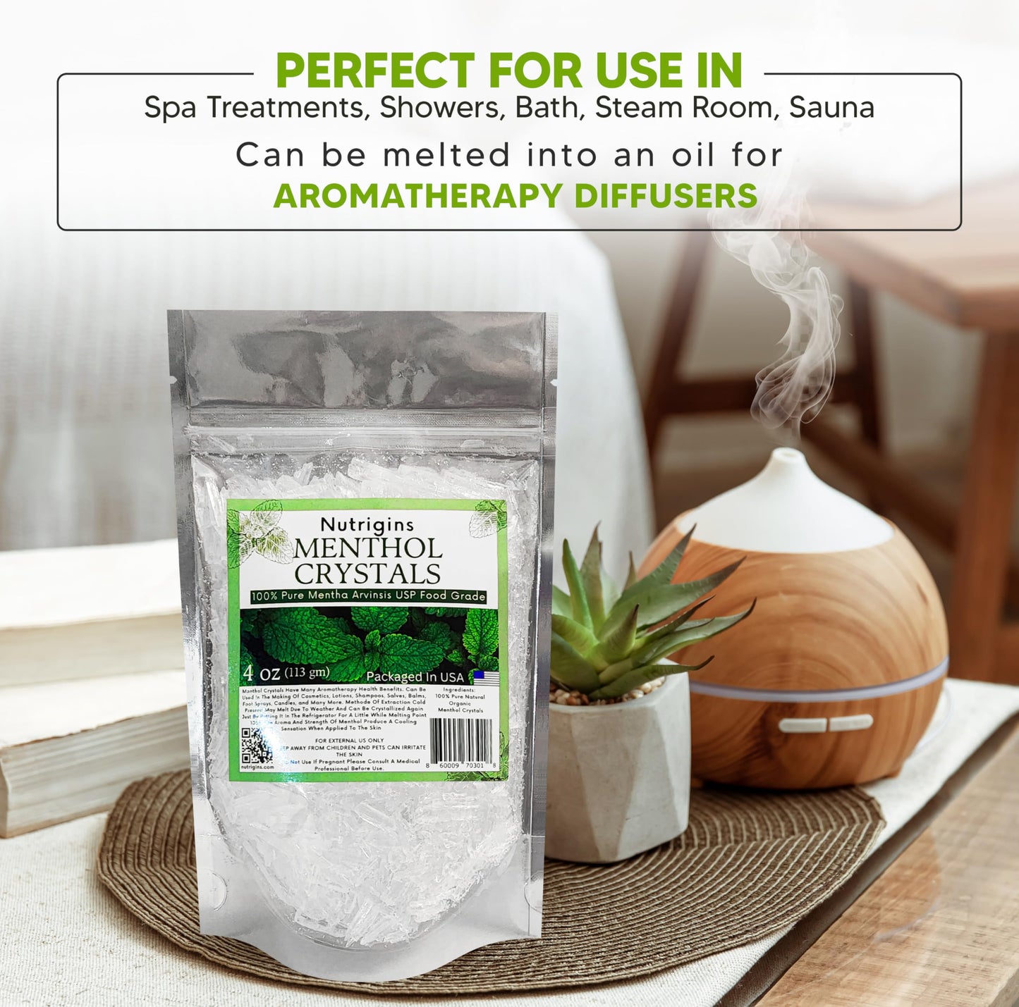 Menthol Crystals 100% Pure Organic Spa Quality - 4OZ Resealable Bag