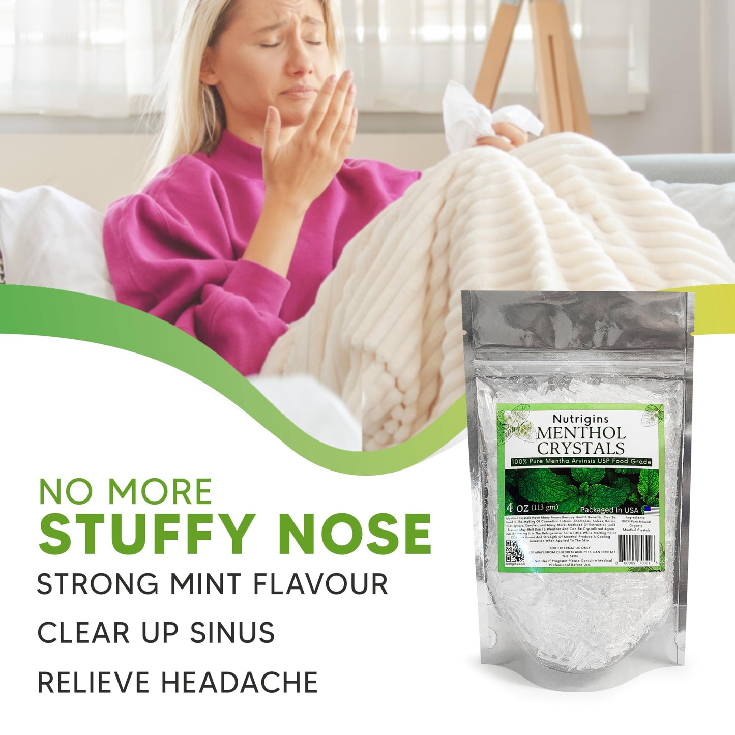 Menthol Crystals 100% Pure Organic Spa Quality - 4OZ Resealable Bag