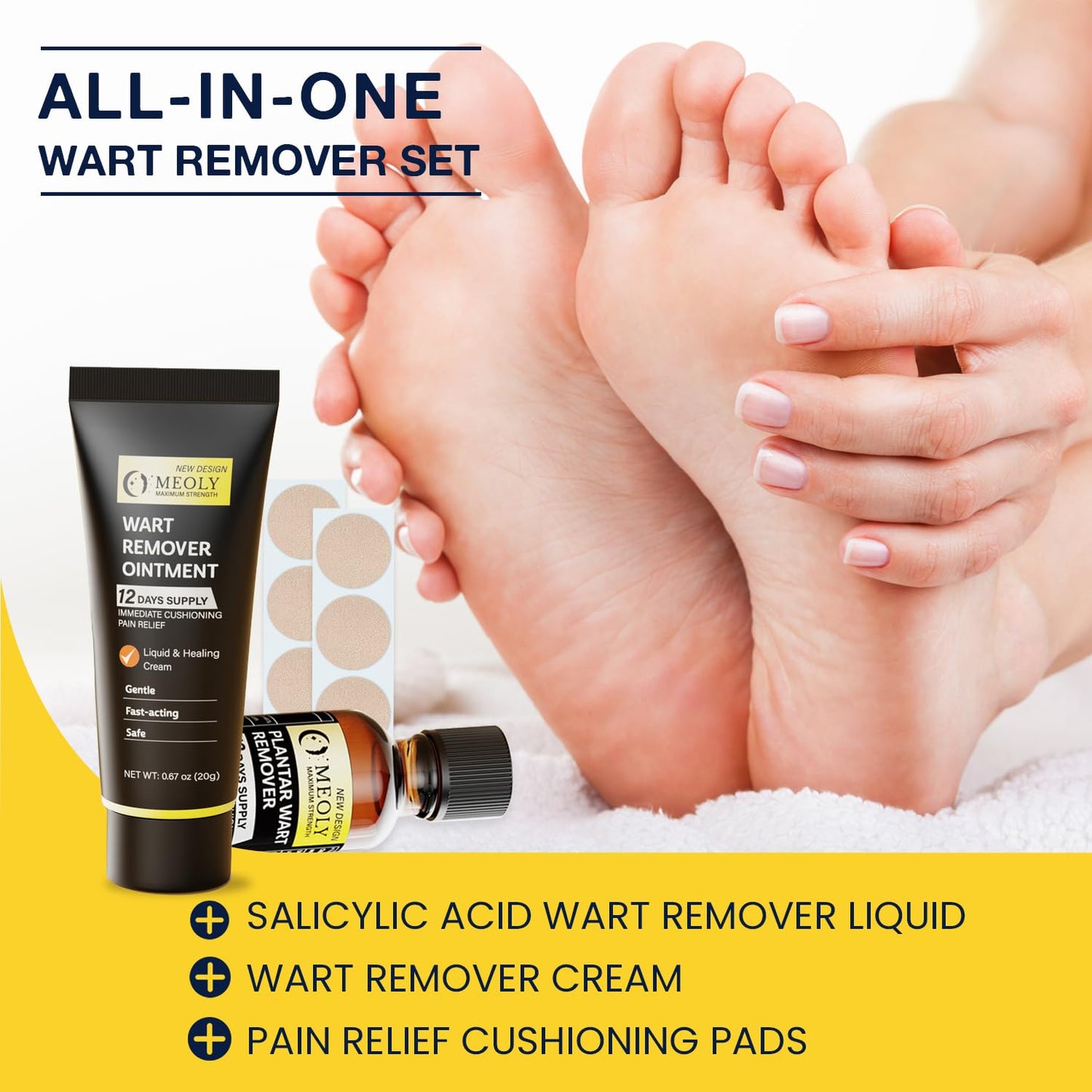 MEOLY Plantar Wart Remover Set - Maximum Strength Salicylic Acid, 12 Thick Cushioning Pads