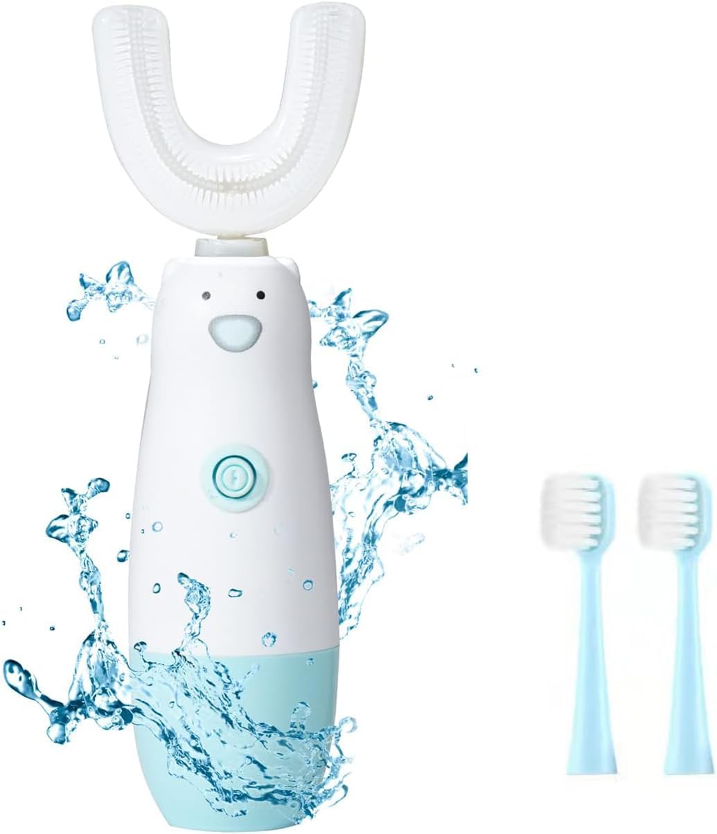 Meqtpomy Kids Electric Toothbrush – 360 U-Shaped Sonic Toothbrush for 2-7 Years Old (Blue) – Waterproof, Battery Powered + 2 Replacement Heads