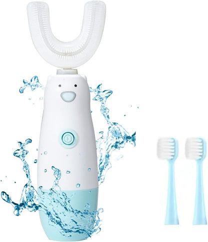 Meqtpomy Kids Electric Toothbrush – 360 U-Shaped Sonic Toothbrush for 2-7 Years Old (Blue) – Waterproof, Battery Powered + 2 Replacement Heads