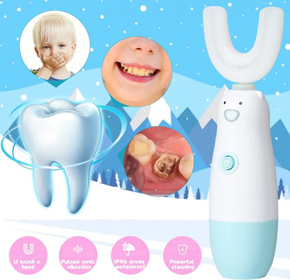 Meqtpomy Kids Electric Toothbrush – 360 U-Shaped Sonic Toothbrush for 2-7 Years Old (Blue) – Waterproof, Battery Powered + 2 Replacement Heads