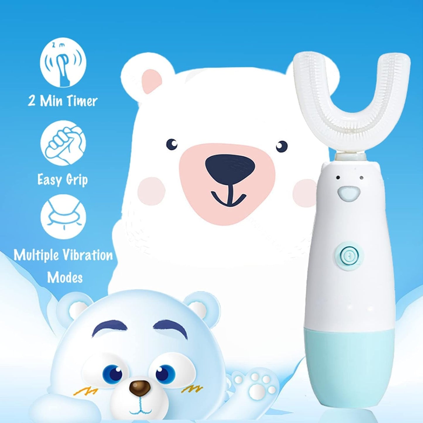 Meqtpomy Kids Electric Toothbrush – 360 U-Shaped Sonic Toothbrush for 2-7 Years Old (Blue) – Waterproof, Battery Powered + 2 Replacement Heads
