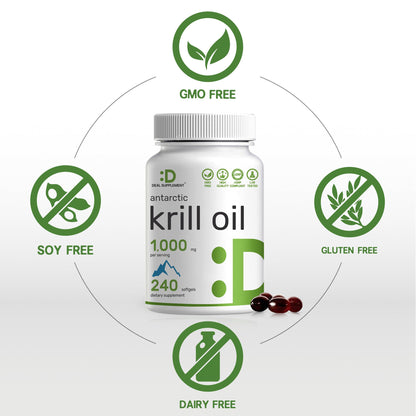 Antarctic Krill Oil 1,000mg – 240 Softgels | Mercury Free, No Fishy Taste | Omega-3 EPA/DHA