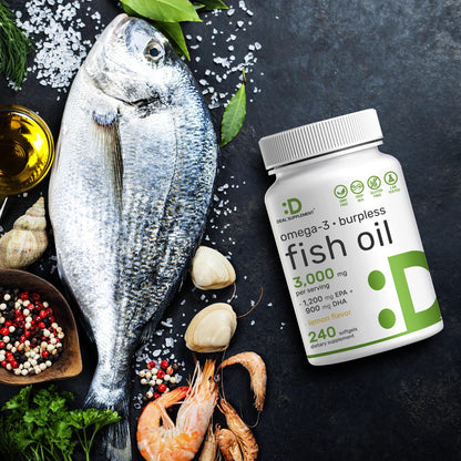 DEAL SUPPLEMENT Omega 3 Fish Oil – 3,000 mg per Serving, 240 Softgels, Burpless Lemon