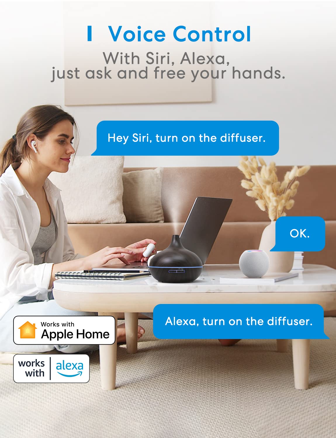 Meross Smart WiFi Essential Oil Diffuser – HomeKit & Alexa Ultrasonic Diffuser with RGB Light