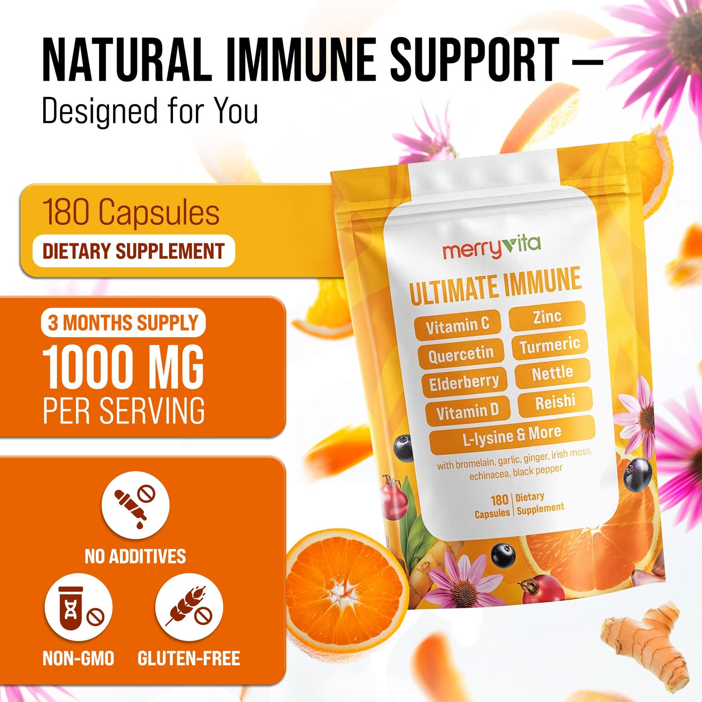 MERRY VITA Liposomal Vitamin C 1000mg – Immune Support with Zinc, Elderberry & Quercetin | Vegan, Non-GMO