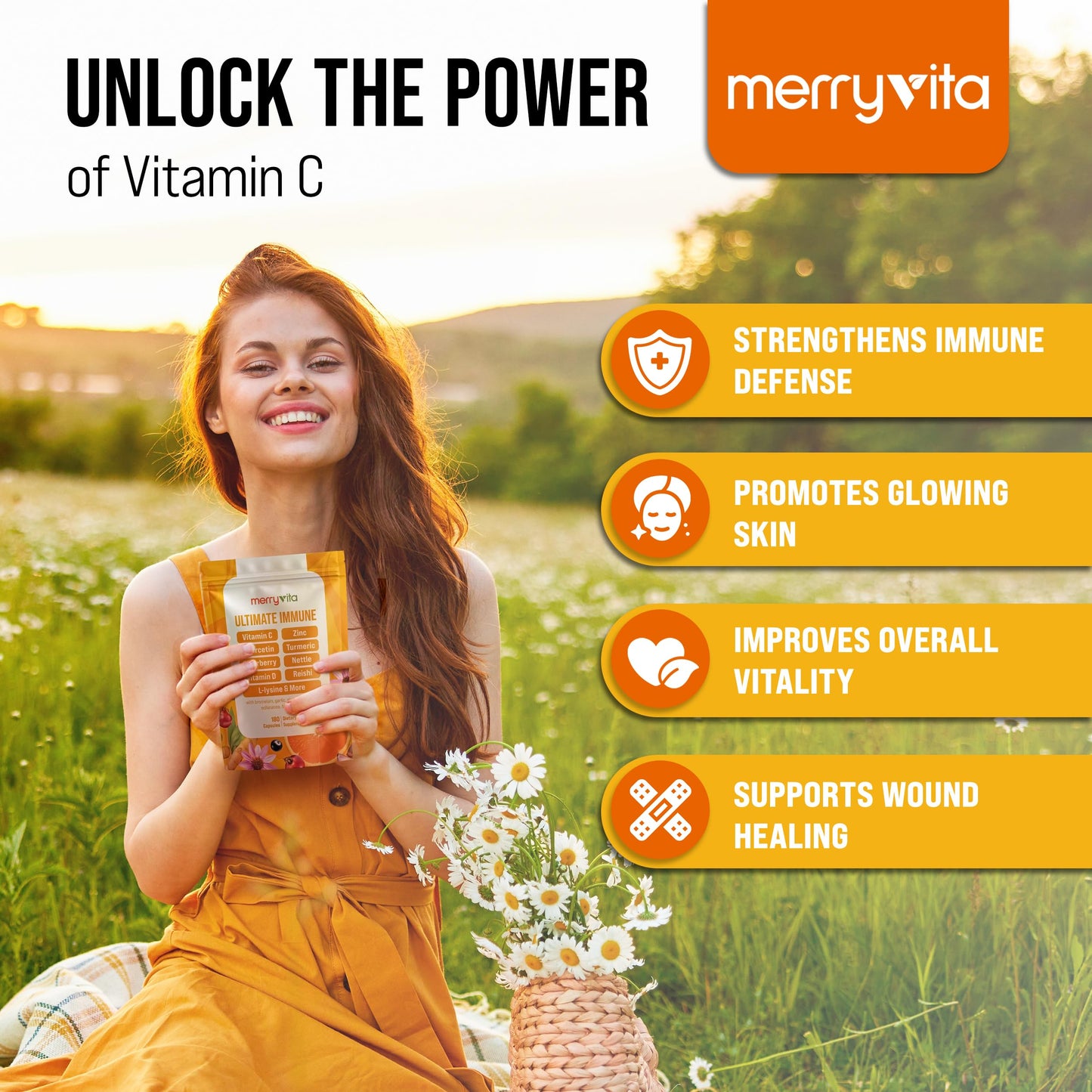 MERRY VITA Liposomal Vitamin C 1000mg – Immune Support with Zinc, Elderberry & Quercetin | Vegan, Non-GMO