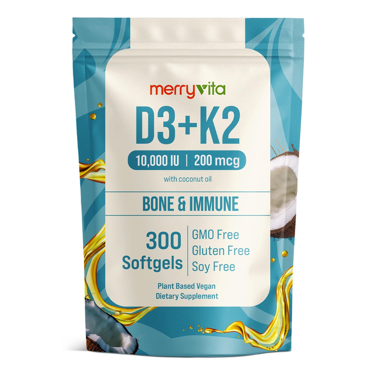MERRY VITA Vitamin D3 K2 300 Softgels – 10,000 IU D3 + 200 mcg K2 MK7 – Plant-Based, Vegan, Gluten-Free