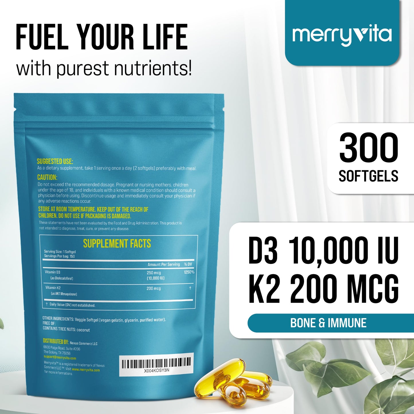 MERRY VITA Vitamin D3 K2 300 Softgels – 10,000 IU D3 + 200 mcg K2 MK7 – Plant-Based, Vegan, Gluten-Free