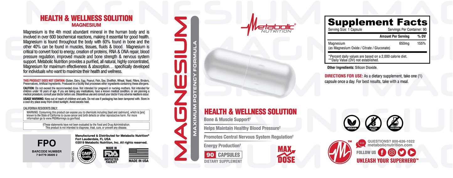Metabolic Nutrition Magnesium 650mg per Serving | Non-GMO, Vegan, Gluten Free | 90 Capsules