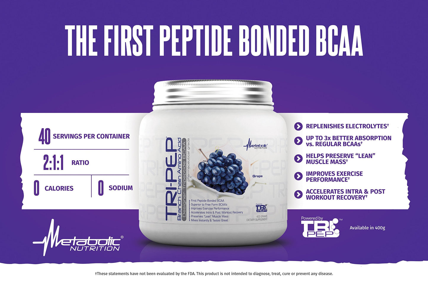 Metabolic Nutrition TRIPEP Tri-Peptide BCAA Powder - Watermelon 400g