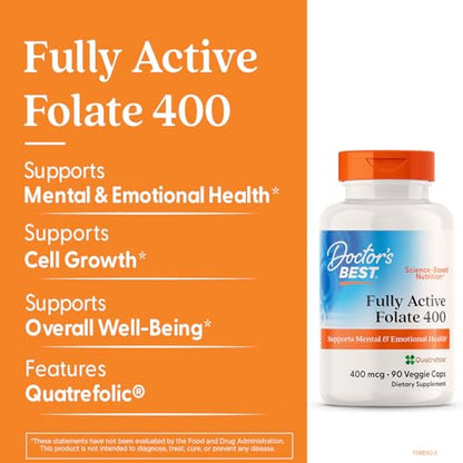 Doctor's Best Fully Active Folate with Quatrefolic 400 mcg – Healthy Mood, Memory & Circulation | 90 VC