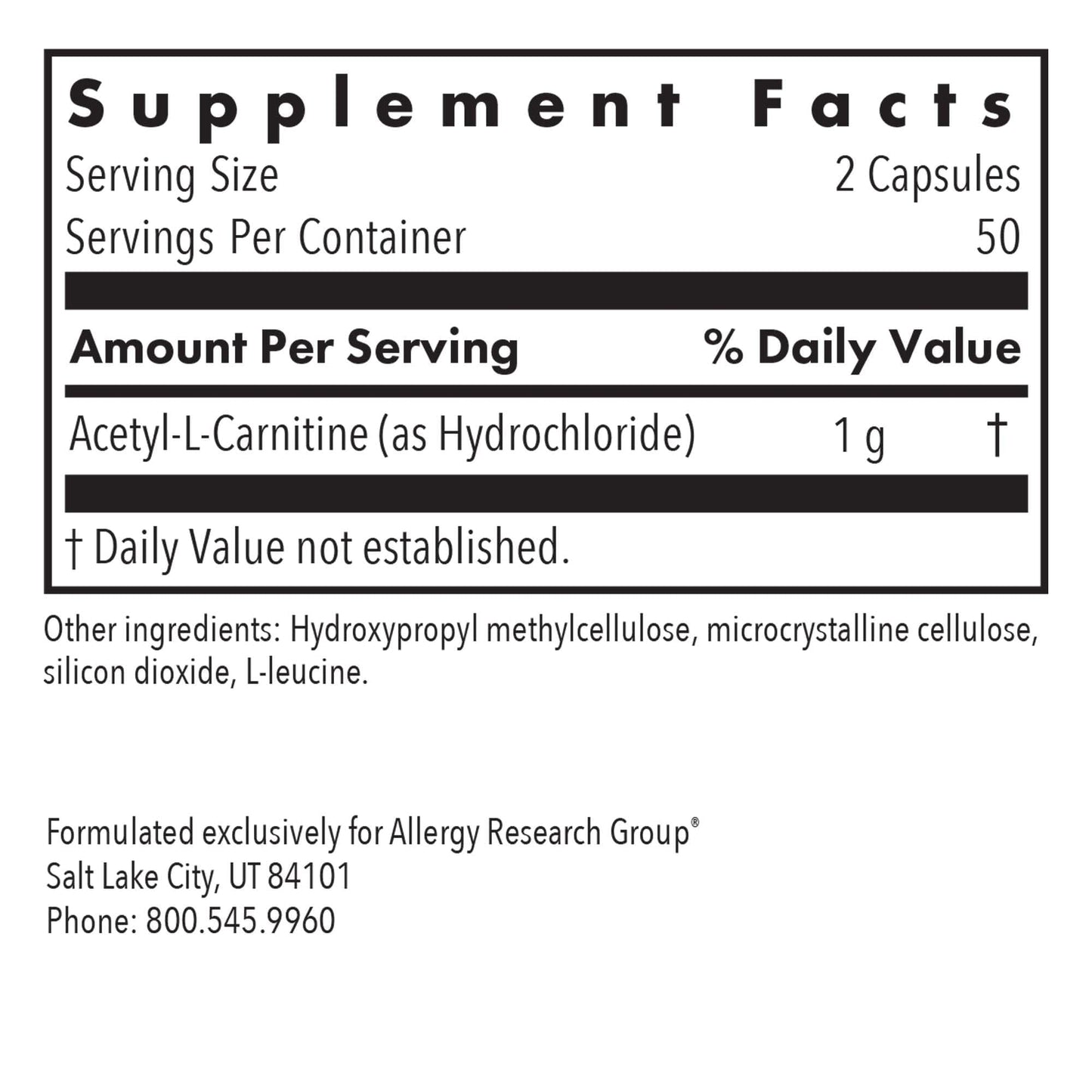 Allergy Research Group Acetyl-L-Carnitine 500mg – Metabolism & Energy Support, 100 Count