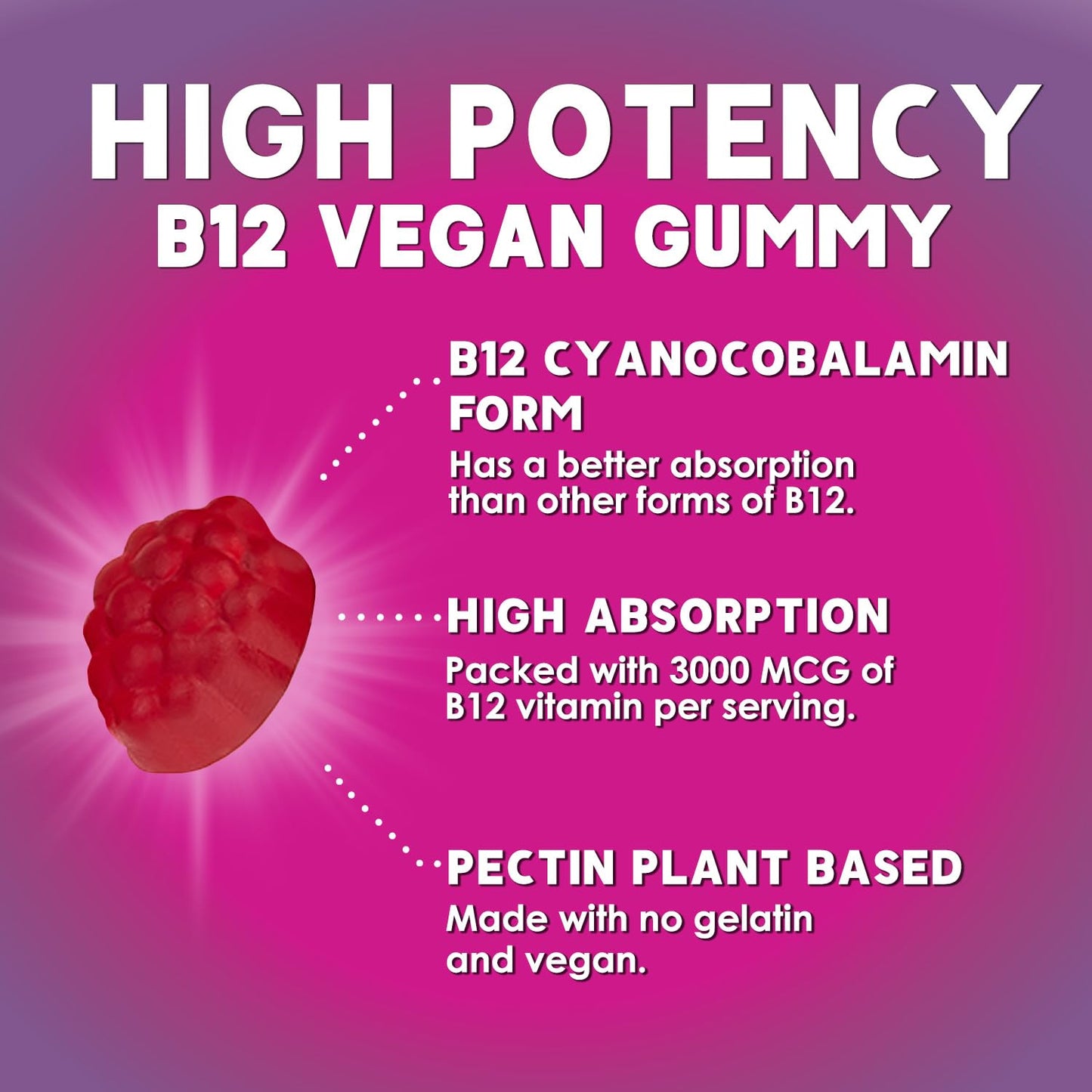 B12 Vitamins Energy Gummies 3000 mcg — Extra Strength B12 Gummy for Metabolism & Immune Support | 60 Gummies