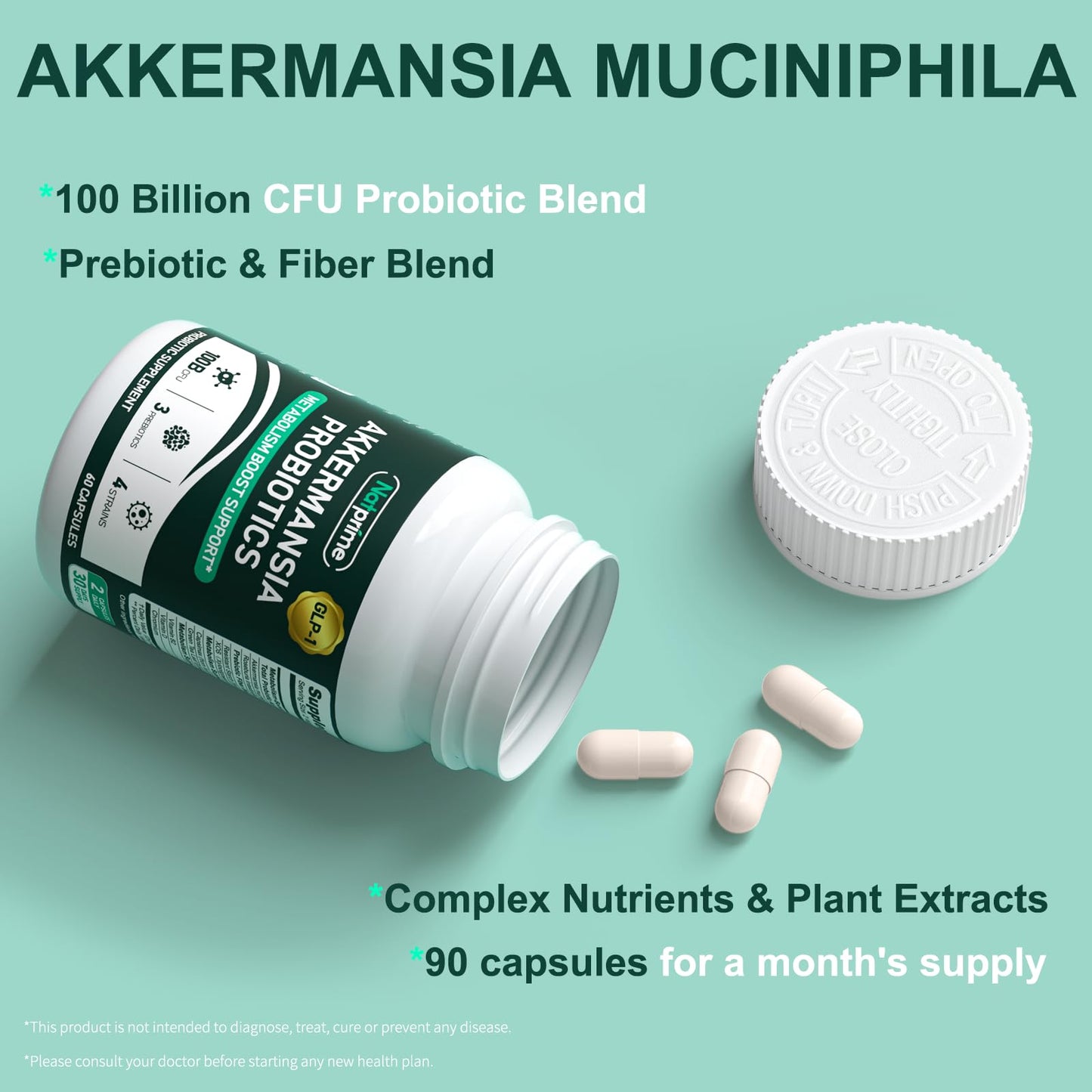 Natprime Akkermansia Probiotic GLP-1 Supplement – 100B CFU Akkermansia Muciniphila, Prebiotic Fiber, Metabolism & Gut Health | 60 Capsules