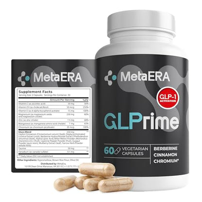 METAERA GLPrime GLP-1 Supplement - Natural GLP-1 Booster with Berberine, Cinnamon & Chromium - 1 Bottle