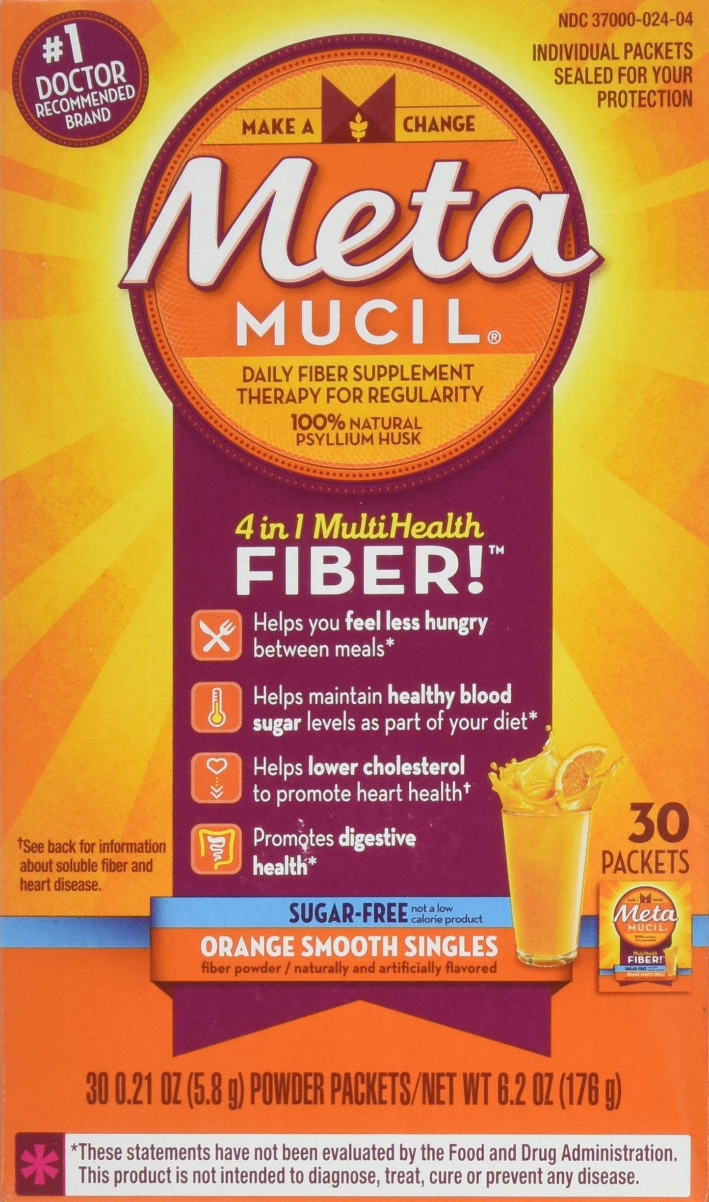 Metamucil MultiHealth Fiber Singles Orange Smooth Sugar-Free – 30 Pack