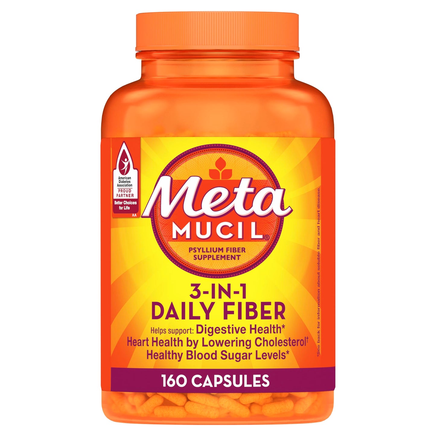 Metamucil Psyllium Husk Capsules, 160 Count – 3-in-1 Daily Fiber for Digestive Health and Regularity