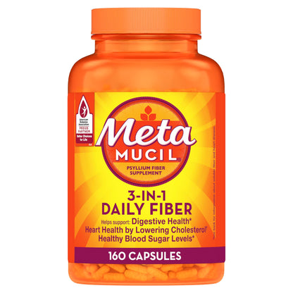 Metamucil Psyllium Husk Capsules, 160 Count – 3-in-1 Daily Fiber for Digestive Health and Regularity