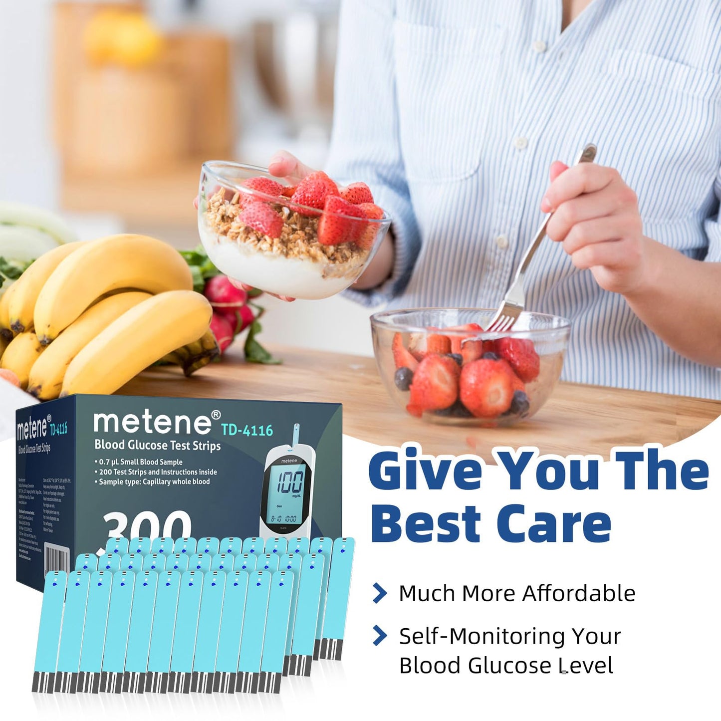 Metene TD-4116 Blood Glucose Test Strips | 300 Count for TD-4116 and Metene S Monitors