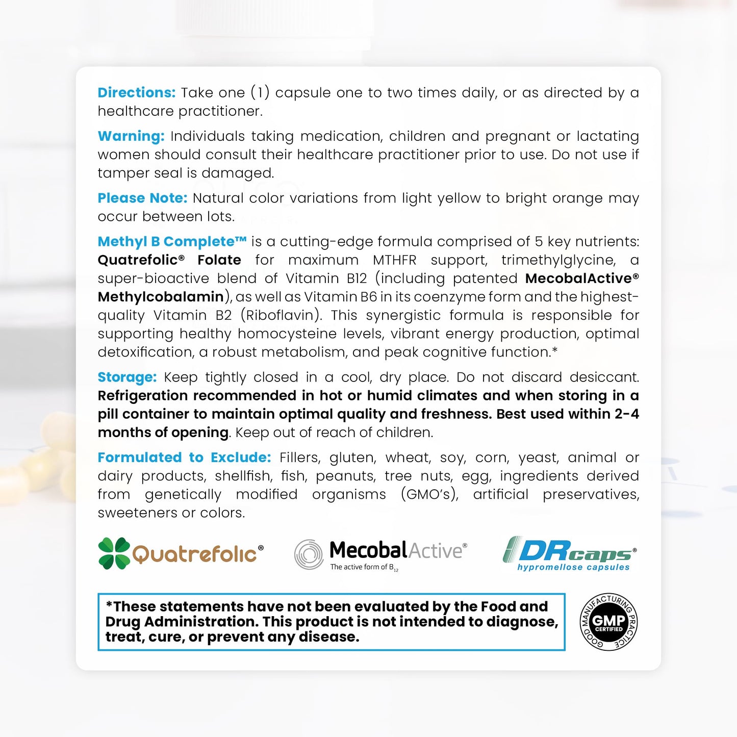 Methyl B Complete - 60 Vegetable Capsules | Optimal Methylation Support with Quatrefolic 5-MTHF (Active folate), Methylcobalamin (Active B12), B2, B6, and TMG | Pharmaceutical Grade