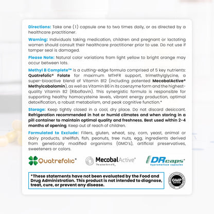 Methyl B Complete - 60 Vegetable Capsules | Optimal Methylation Support with Quatrefolic 5-MTHF (Active folate), Methylcobalamin (Active B12), B2, B6, and TMG | Pharmaceutical Grade