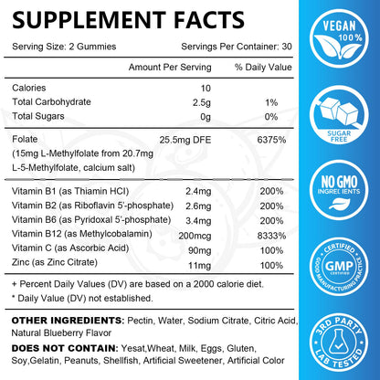 L-Methylfolate 15mg Gummies with Methyl B12 – 60 Count | Sugar Free, Vegan, Non-GMO Folate 5-MTHF