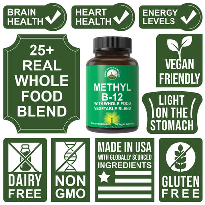 Methyl B12 Vitamin + Whole Food Blend – Vegan Methylcobalamin, 30 Day Supply