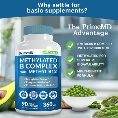 Methylated B Complex with Methylfolate and B12 Methylcobalamin 1000 mcg - Methylated Multivitamin for Energy, Brain Function, and Wellness - Vitamin B Complex for Men & Women (90 Servings) (Pack of 1)