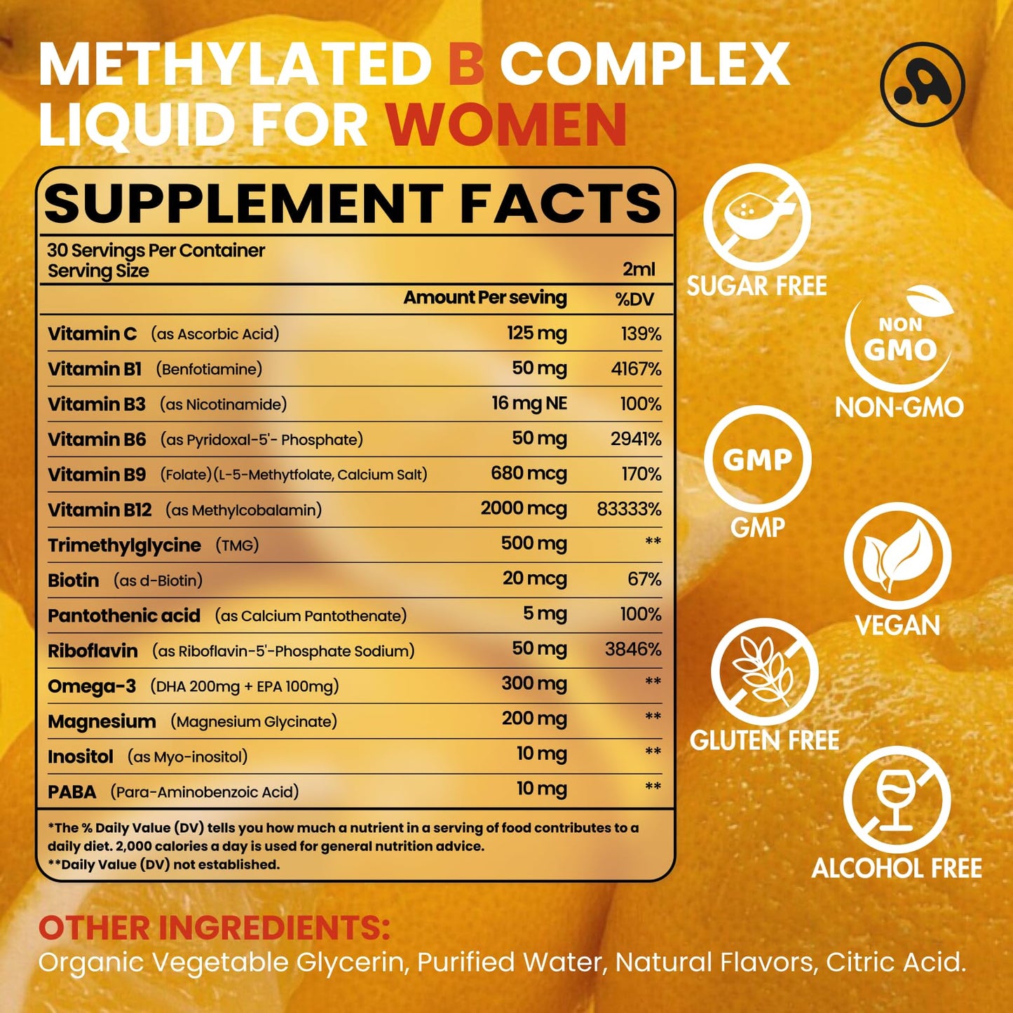Methylated B Complex Liquid Drops for Women | B12, 5-MTHF, Omega-3 | 2 fl oz