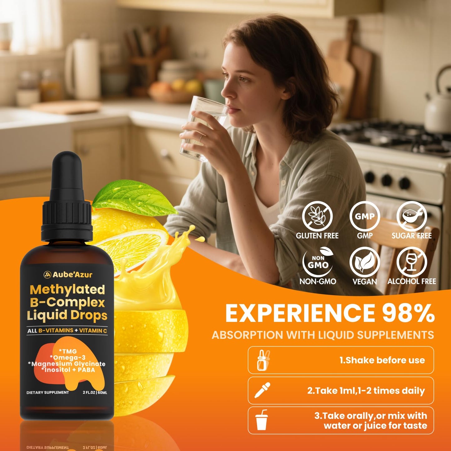 Methylated B Complex Liquid Drops for Women | B12, 5-MTHF, Omega-3 | 2 fl oz